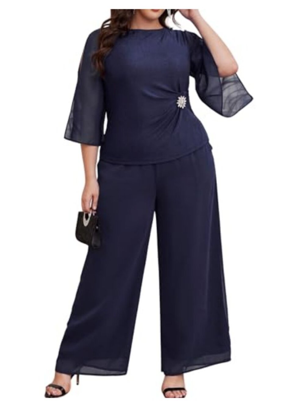 Plus Size 2-Piece Dressy Pantsuit Cape Sleeve Formal Wedding Guest